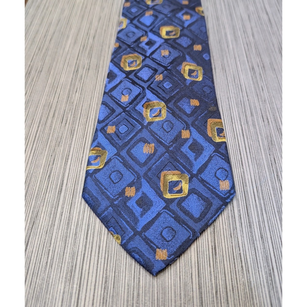 Tino Cosini Mens 100% Silk Tie Blue Gold Geometric Diamond Pattern Made in Italy